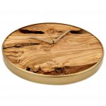 Olivenholz Wanduhr Cosmos aus Holz-Baumscheibe Gold Ring und Zeiger Seitenansicht