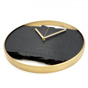 Wanduhr aus Eiche 'Nero' schwarz mit Metallring, lautlosem Uhrwerk modern Gold-Edition Gold