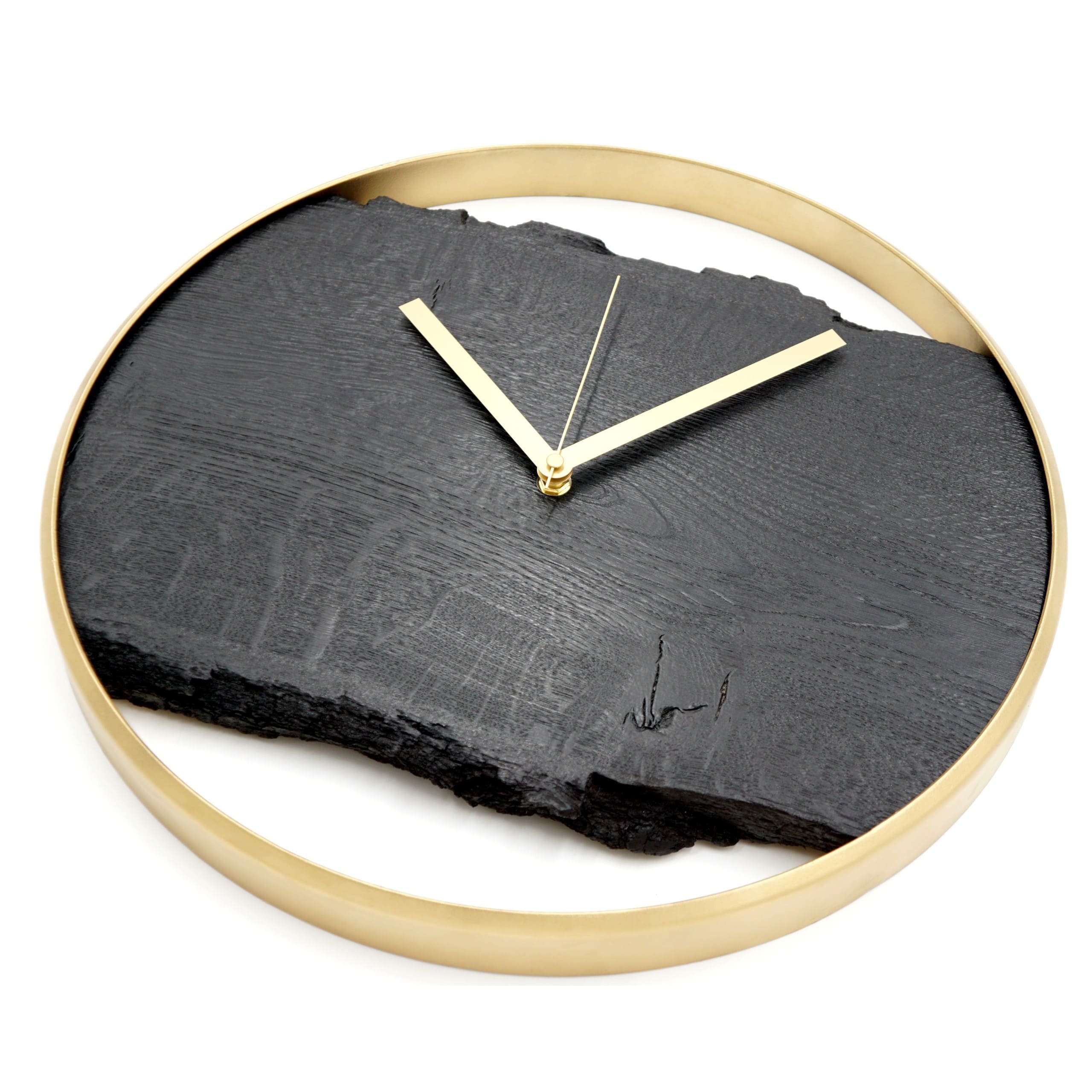 Wanduhr aus Eiche 'Nero' schwarz mit Metallring, lautlosem Uhrwerk modern Gold-Edition mit rotem Sekundenzeiger Draufsicht