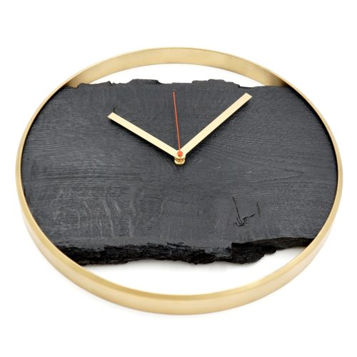 Wanduhr aus Eiche 'Nero' schwarz mit Metallring, lautlosem Uhrwerk modern Gold-Edition mit rotem Sekundenzeiger Seitlich Draufsicht