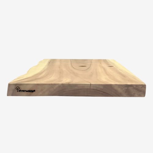 Waschtischplatte Holz für Aufsatzwaschbecken Suar Akazienholz Sumatra Design lackiert für Bad Design Rückansicht mit Branding